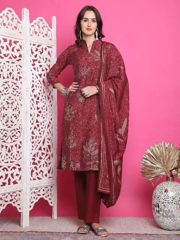 Jyoti Fashion Women's Maroon Muslin Floral Print with Jari & Crystal work Kurta with Trouser & Dupatta Trousers Satin Smooth