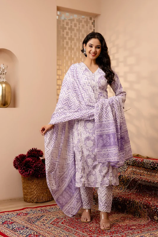 Women Lavender Floral Printed Straight Kurta And Trouser With Dupatta - Rasiya Trousers Satin Smooth