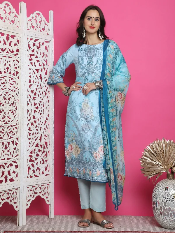 Jyoti Fashion Women's Turquoise Satin Traditional Digital Print with Crystal work Kurta with Trouser & Dupatta Trousers Ceremony Elegant