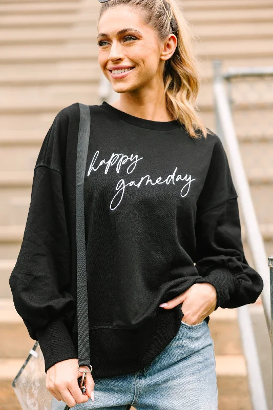 Happy Gameday Black Embroidered Pullover Blouson Sleeve Pullover