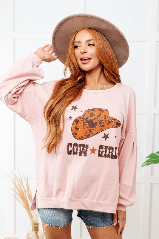 Hazel Blues® |  Cow Girl Graphic Pullover in Dusty Pink Three Quarter Sleeve