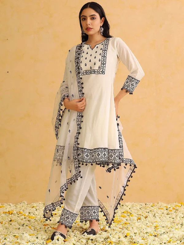 Women's White Silk Blend Embroidered Thread Work A-Line Kurta Trouser With Dupatta - Ahika Trousers Flared Retro