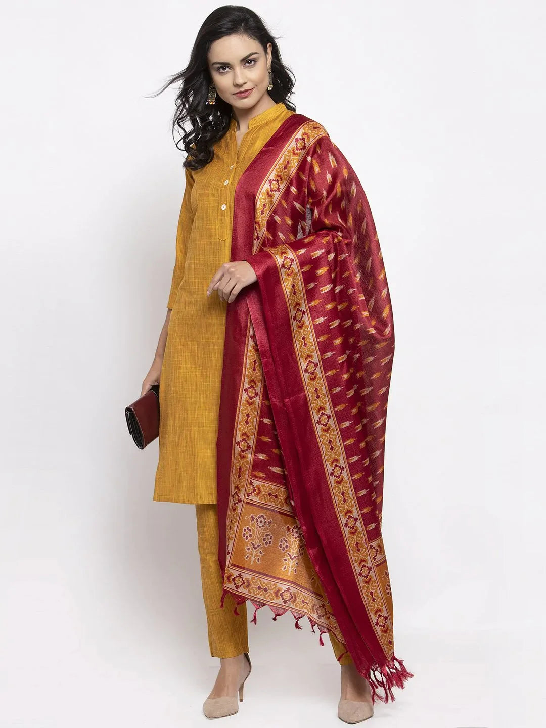 Women Yellow Self-Striped Kurta With Trousers & Art Silk Printed Dupatta - Rasiya Trousers luxurious premium