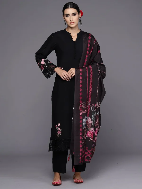 Women's Black Embroidered Straight Kurta Trousers With Dupatta Set - Indo Era Trousers Business Professional