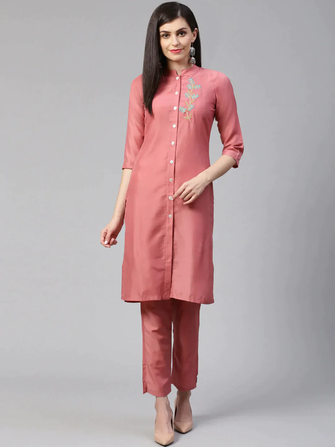 Women Pink Embroidered Solid Kurta With Trousers - Rasiya Trousers Satin Smooth