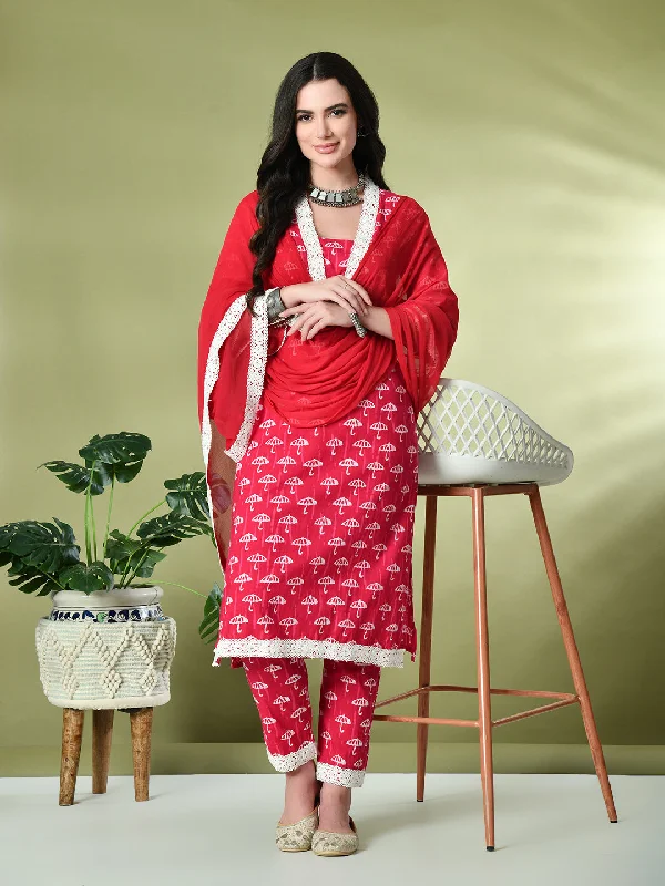 Myshka Women's Printed V-Neck Bell Sleeves Kurta & Trousers With Dupatta Sets in Pink Color Trousers Seasonal Trendy