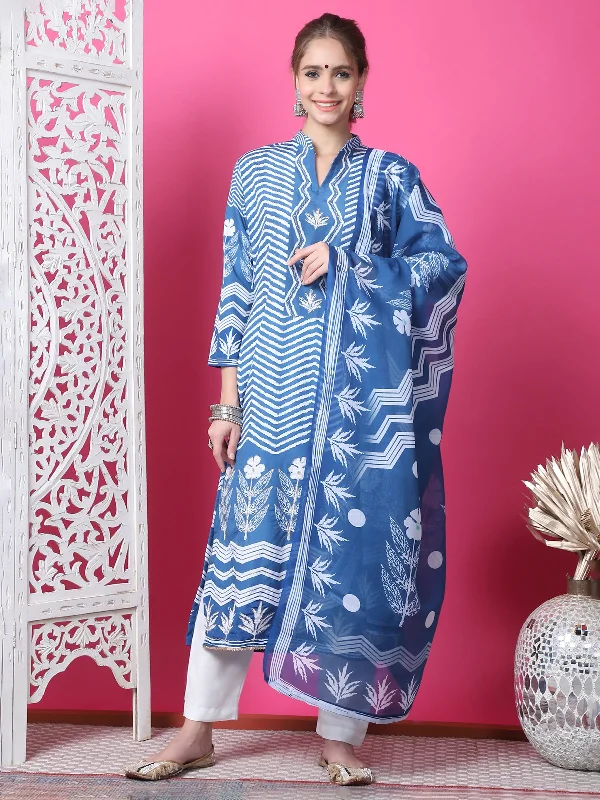 Jyoti Fashion Women's Indigo Blue Cotton Geometric Digital Print with Jari & Crystal Kurta with Trouser & Dupatta Trousers Fleece Cozy