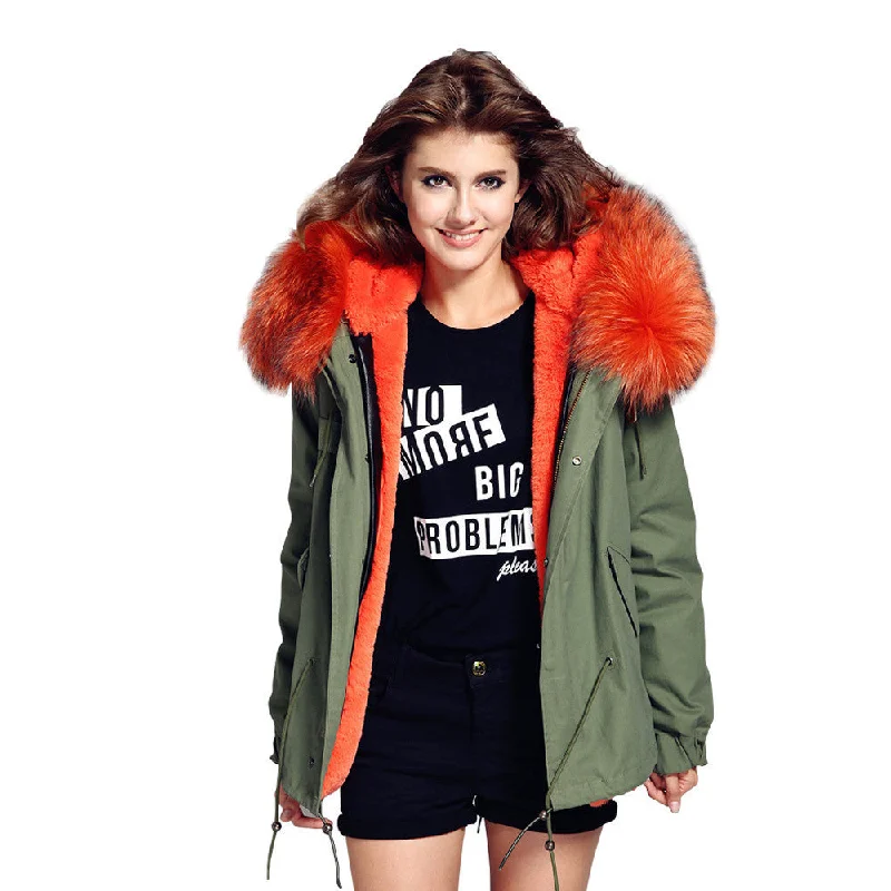 women's army green Large raccoon fur collar hooded coat parkas outwear 2 in 1 detachable lining winter jacket brand style Mesh Jacket Canvas Jacket Denim Jacket