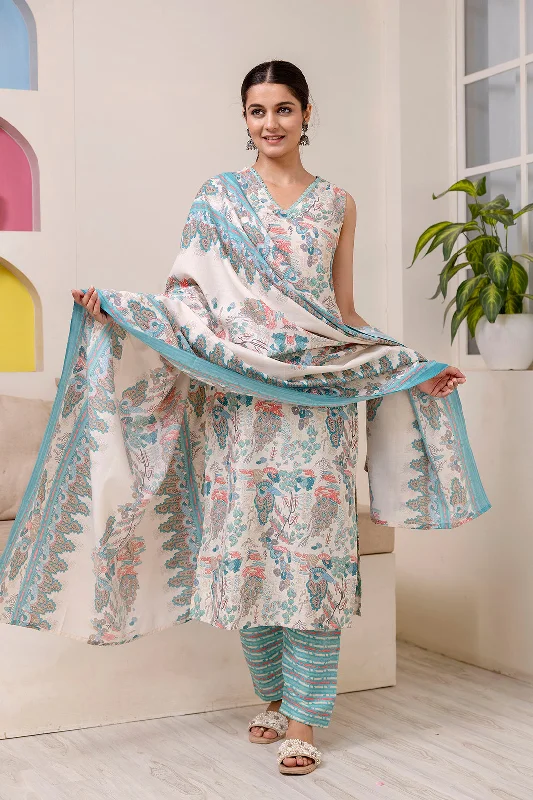 Women Off White Printed Straight Kurta With Trouser And Dupatta - Rasiya Trousers Trousers Formal