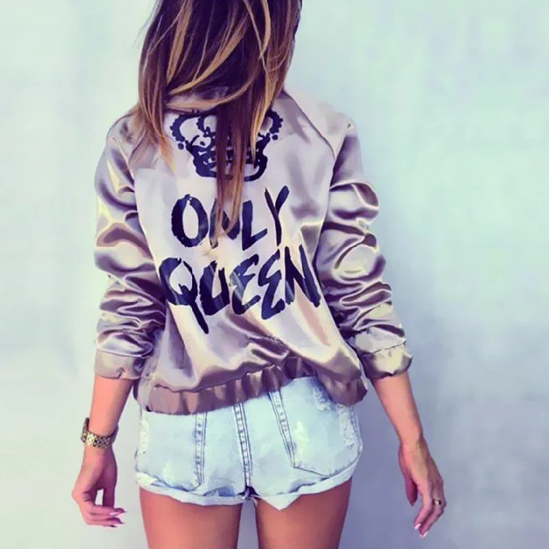 Fashion Bomber Jacket Letter Print "Only Queen" Glossy Women Souvenir Jacket Coat Casual Baseball Jacket Women Basic Coats Tailored Jacket Straight Jacket A-Line Jacket