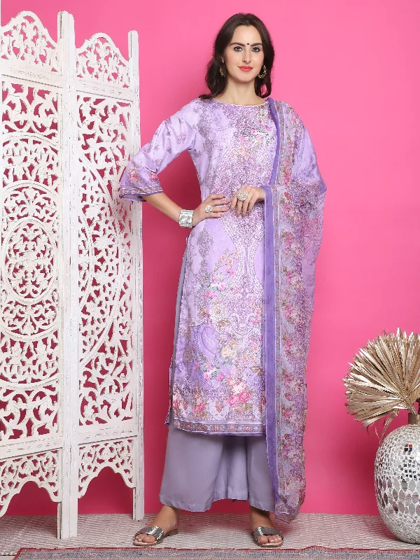 Jyoti Fashion Women's Lavender Satin Traditional Digital Print with Crystal work Kurta with Trouser & Dupatta Trousers Flared Retro