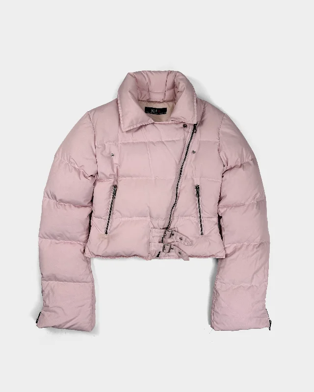 Iceberg Pink Cropped Puffer Jacket 2000's Toggled Jacket Drawstring Jacket Belted Jacket