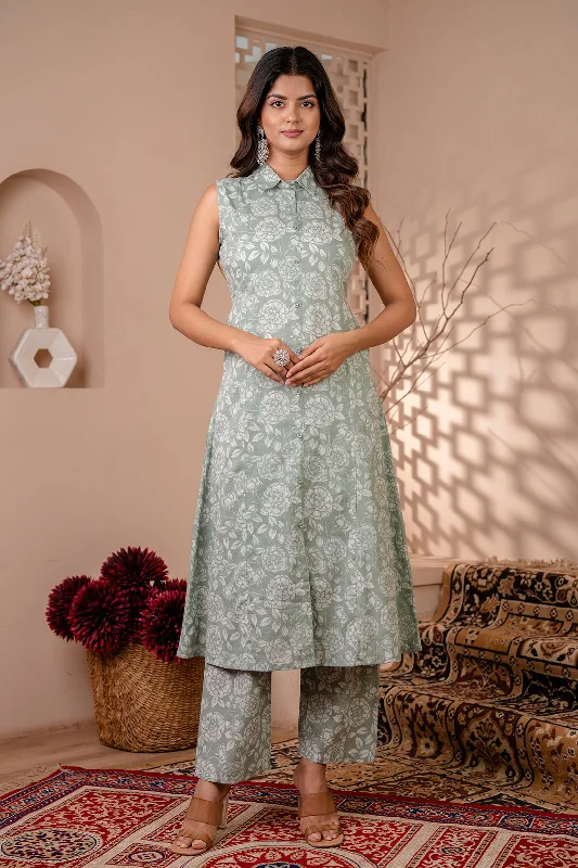 Women Green Printed A-Line Kurta With Trouser - Rasiya Trousers fashionable trendy