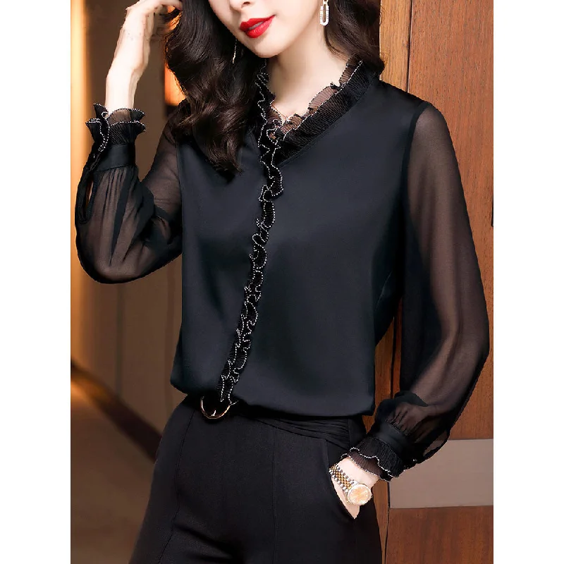 Lace Ruffles Chiffon Shirts Women's Clothing 2021 Autumn Winter New Office Lady Long Sleeve Pullovers Vintage Elegant Blouse 4XL Slim Sleeve Pullover