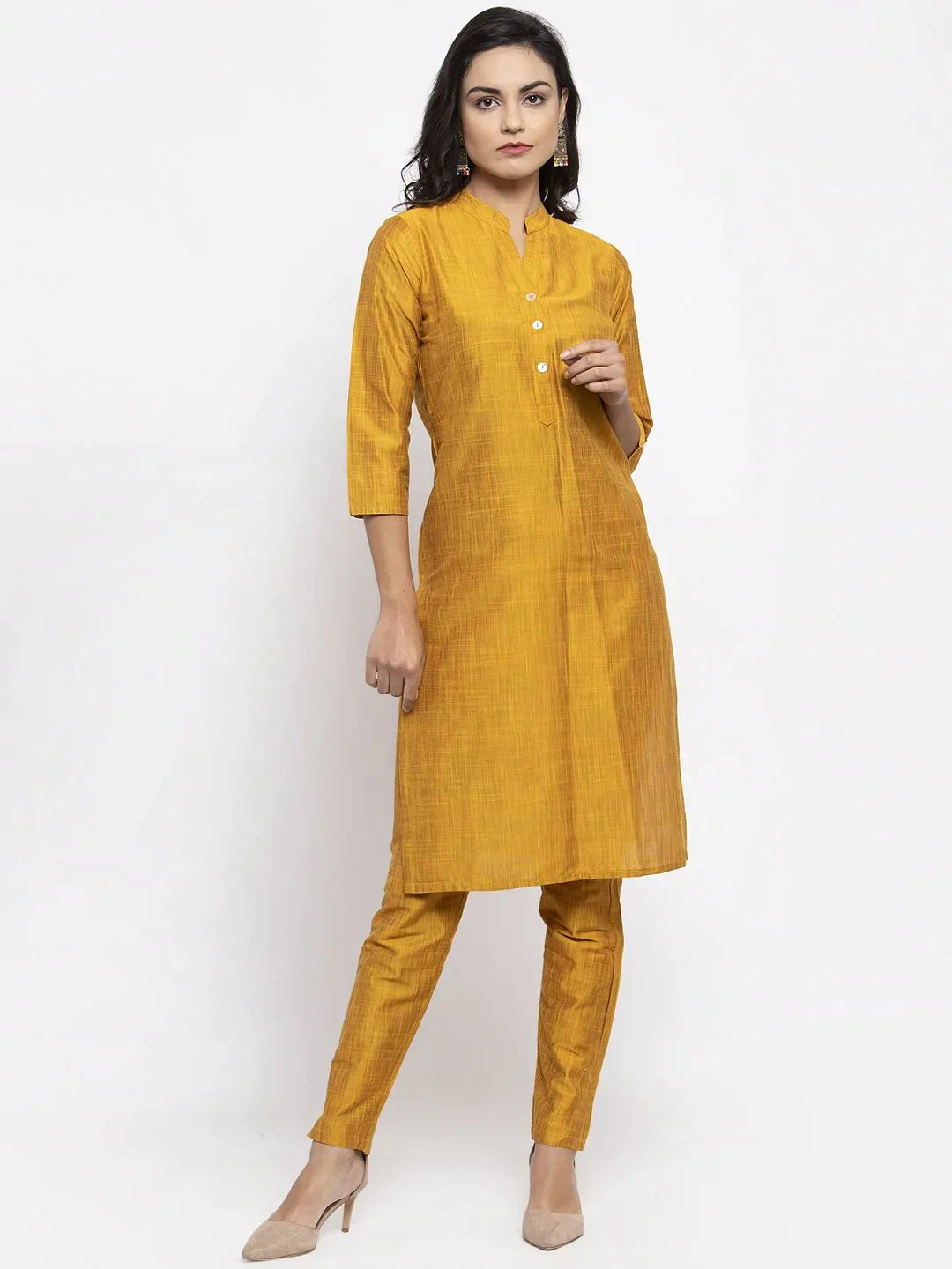 Women Yellow Self-Striped Kurta With Trousers - Rasiya Wide Leg Loose Fit Mid Waist