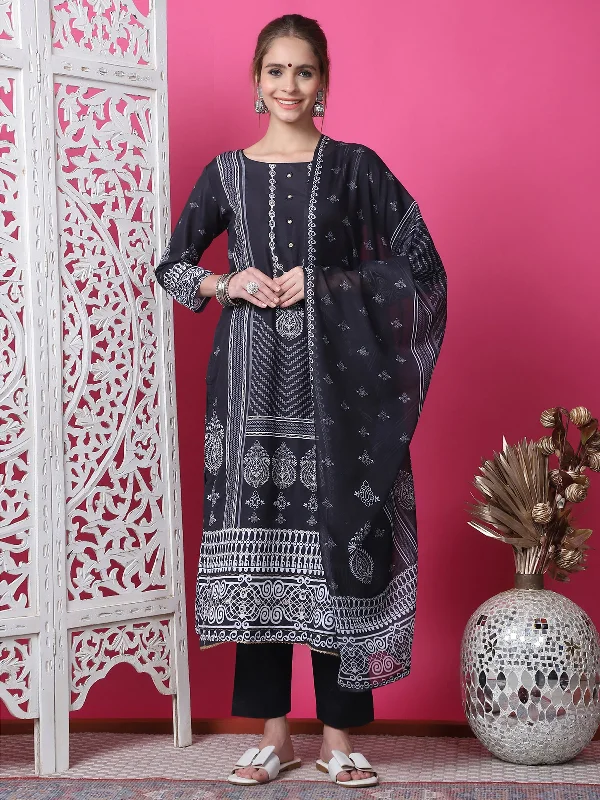 Jyoti Fashion Women's Black Cotton Geometric Digital Print with Jari & Crystal Kurta with Trouser & Dupatta Trousers Yoga Stretchy