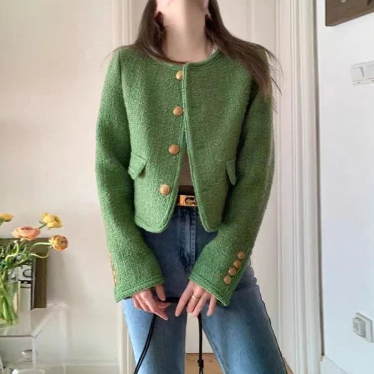 Women's Green Tweed Classic French-Style Tailored Jacket Zippered Front Buttoned Front Snap Front