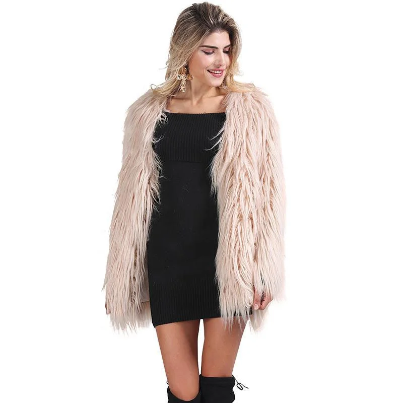 Elegant faux fur coat women Fluffy warm long sleeve female outerwear Black chic autumn winter coat jacket hairy overcoat Fleece Jacket Down Jacket Feather Jacket