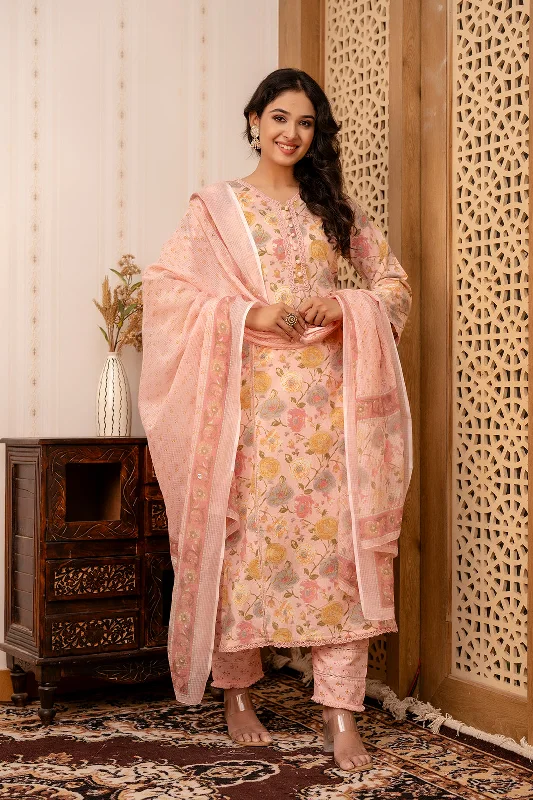 Women Pink Printed Straight Kurta And Trouser With Dupatta - Rasiya Trousers Low Rise Relaxed