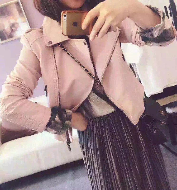 Fashion Women Motorcycle PU Leather Jackets Female Autumn Short Epaulet Zippers Coat Black White Yellow Outwear Zippered Jacket Buttoned Jacket Snapped Jacket