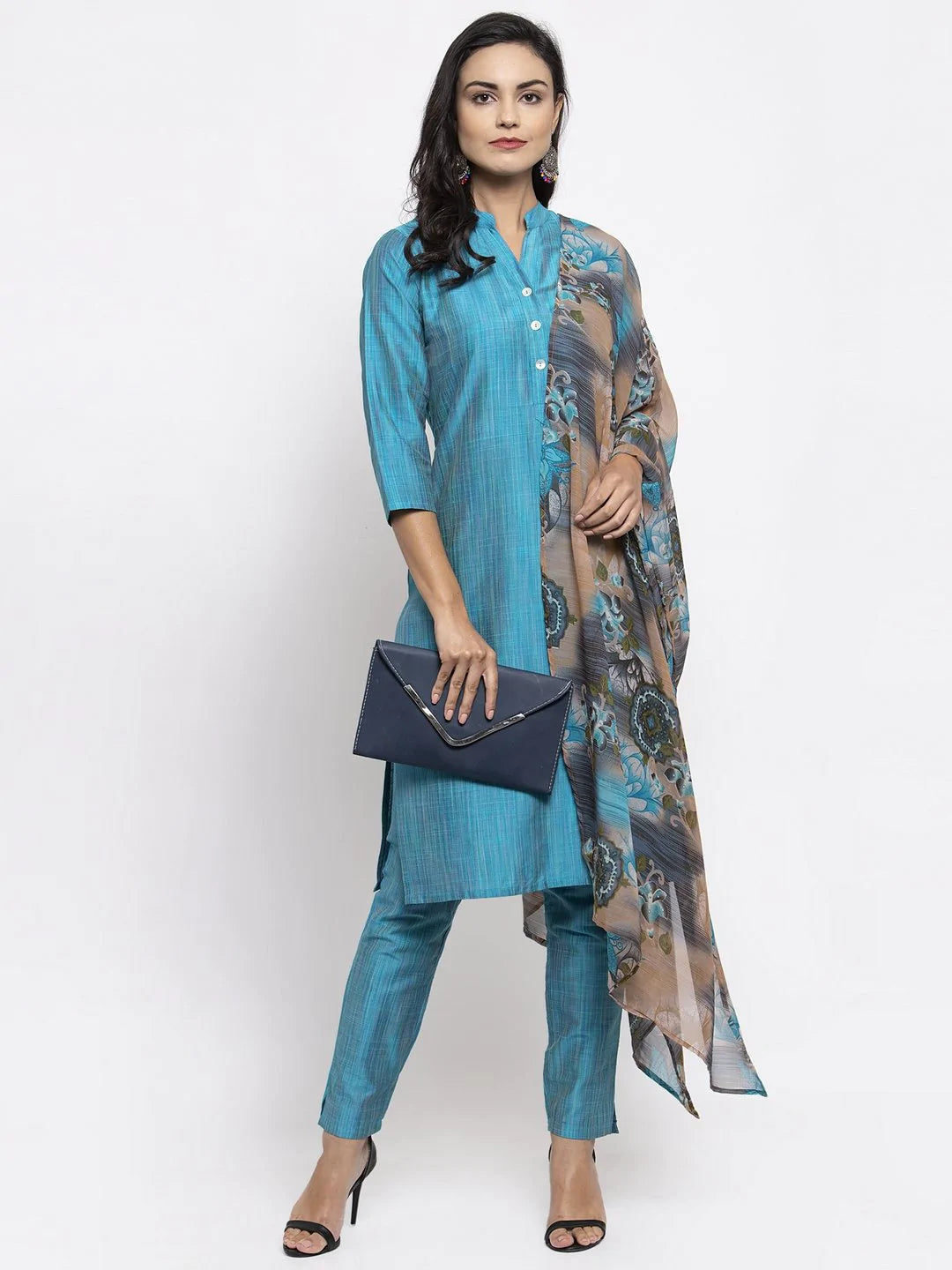 Women Blue & Green Self-Striped Kurta With Trousers & Printed Georgette Dupatta - Rasiya Trousers cozy soft