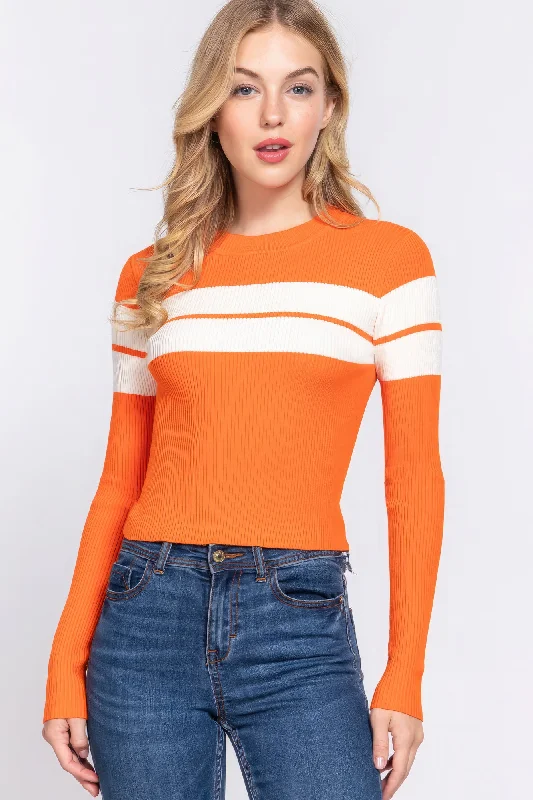 Long Slv Stripe Rib Sweater High Neck Crew Neck V-Neck