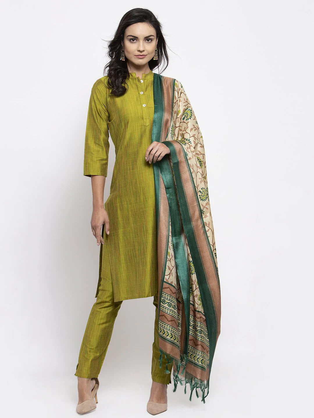 Women Green Self-Striped Kurta With Trousers & Art Silk Dupatta - Rasiya Trousers Top Rated