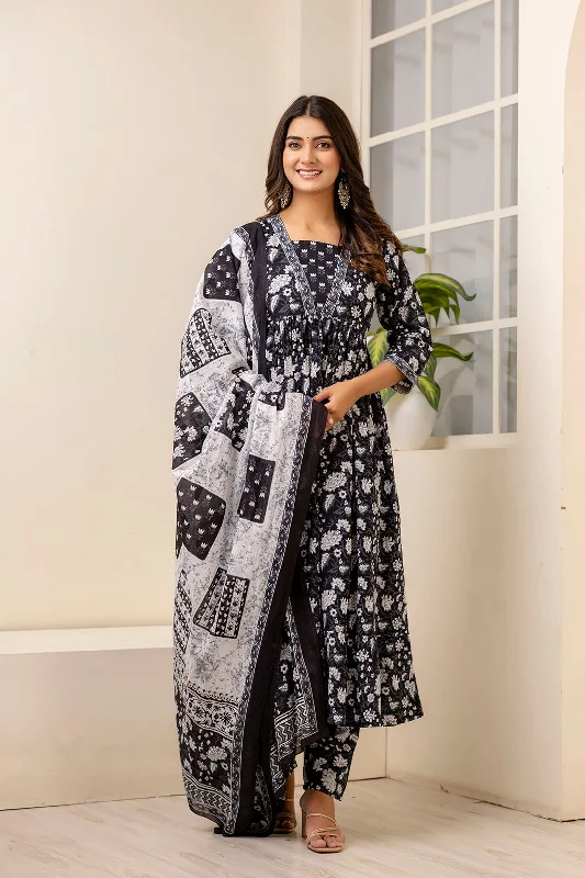 Women Black Ethnic Printed Anarkali Kurta And Trouser With Dupatta - Rasiya Trousers Elastic Waist Soft