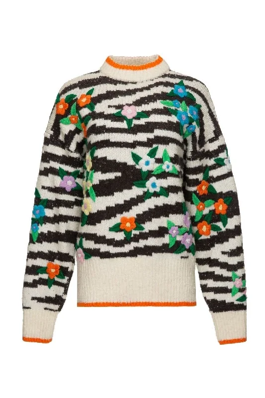 ZEBRA MULTICOLOR FLORAL DETAILING WOOL-BLEND SWEATER Handmade Hand-knitted Hand-woven