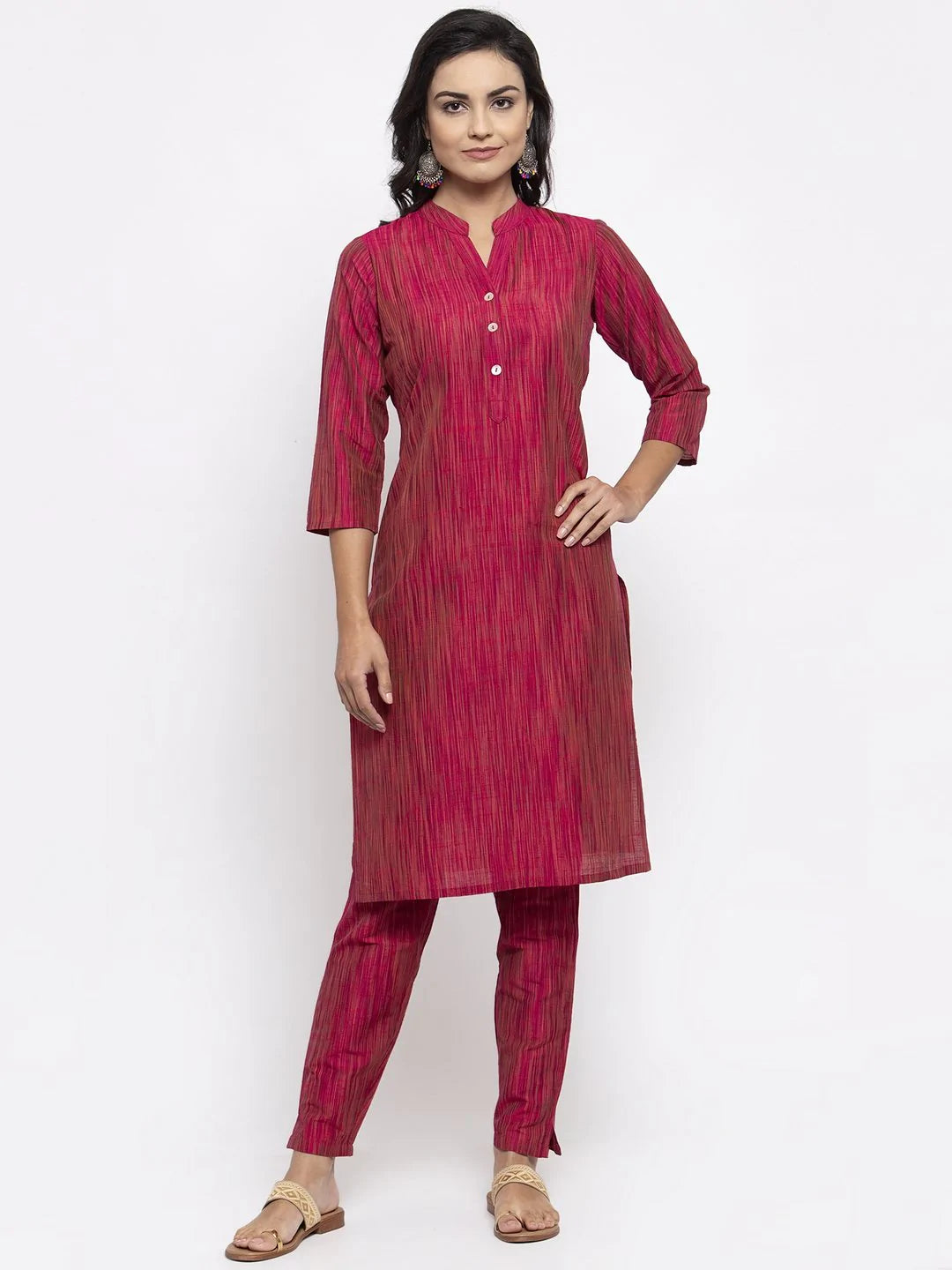 Women Pink Self-Striped Kurta With Trousers - Rasiya Trousers versatile all-occasion