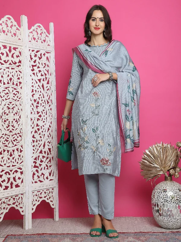 Jyoti Fashion Women's Grey Muslin Floral Print with Jari & Crystal work Kurta with Trouser & Dupatta Trousers Party Sparkling