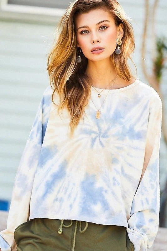 Round Neck Oversize Fit Crop Tie-dye French Terry Pullover Ruffle Sleeve Feminine