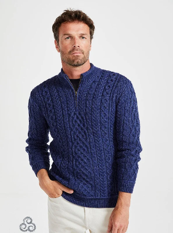 Aran - Half Zip Sweater - Dark Blue Mesh Blend Leather Blend Suede Blend