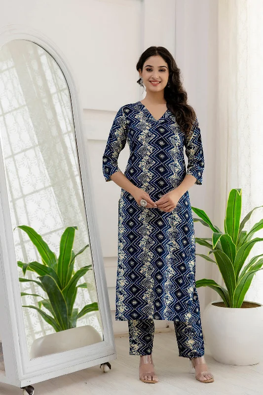 Women Blue Printed Straight Kurta And Trouser - Rasiya High Waist Slim Fit Ankle Length