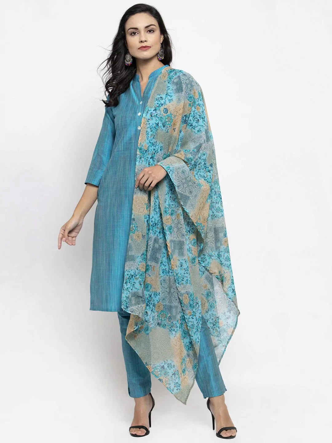 Women Blue & Green Self-Striped Kurta With Trousers & Printed Dupatta - Rasiya Trousers New Arrival