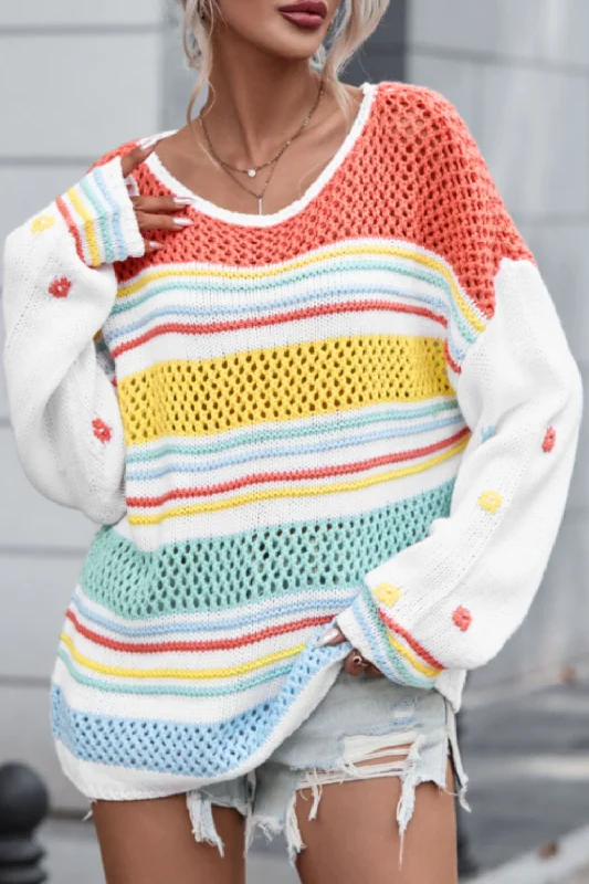 Hazel Blues® |  Hollow Striped Color Block Round Neck Sweater Open Front Closed Front Wrap Front