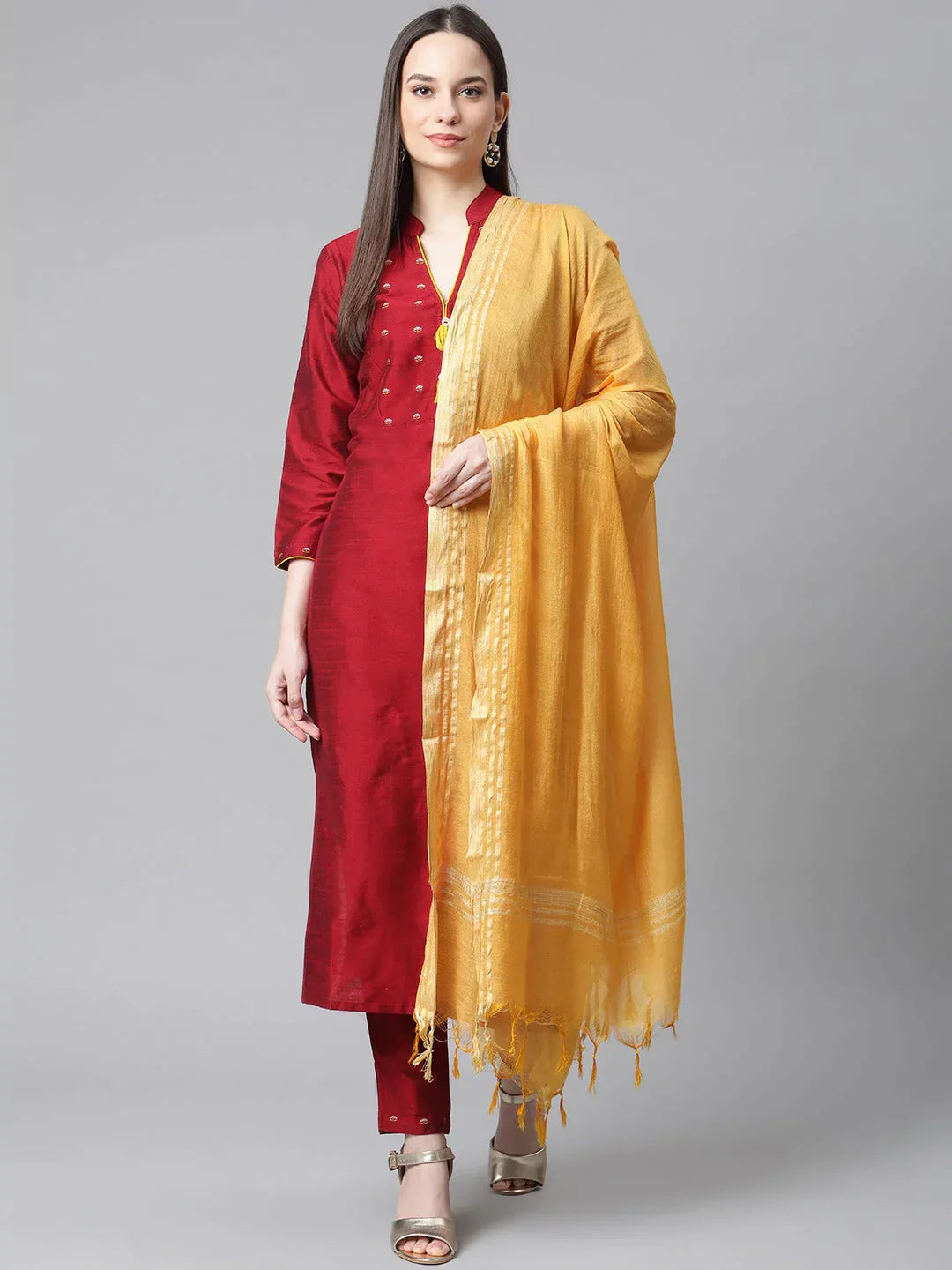 Women Maroon Regular Kurta With Trousers & With Dupatta - Rasiya Trousers Winter Warm