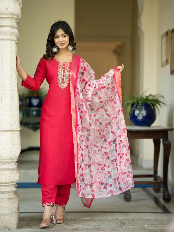 Women's Floral Yoke Design Sequinned Chanderi Silk Straight Kurta With Trouser & Dupatta - Aspora Trousers Tapered Slim Fit