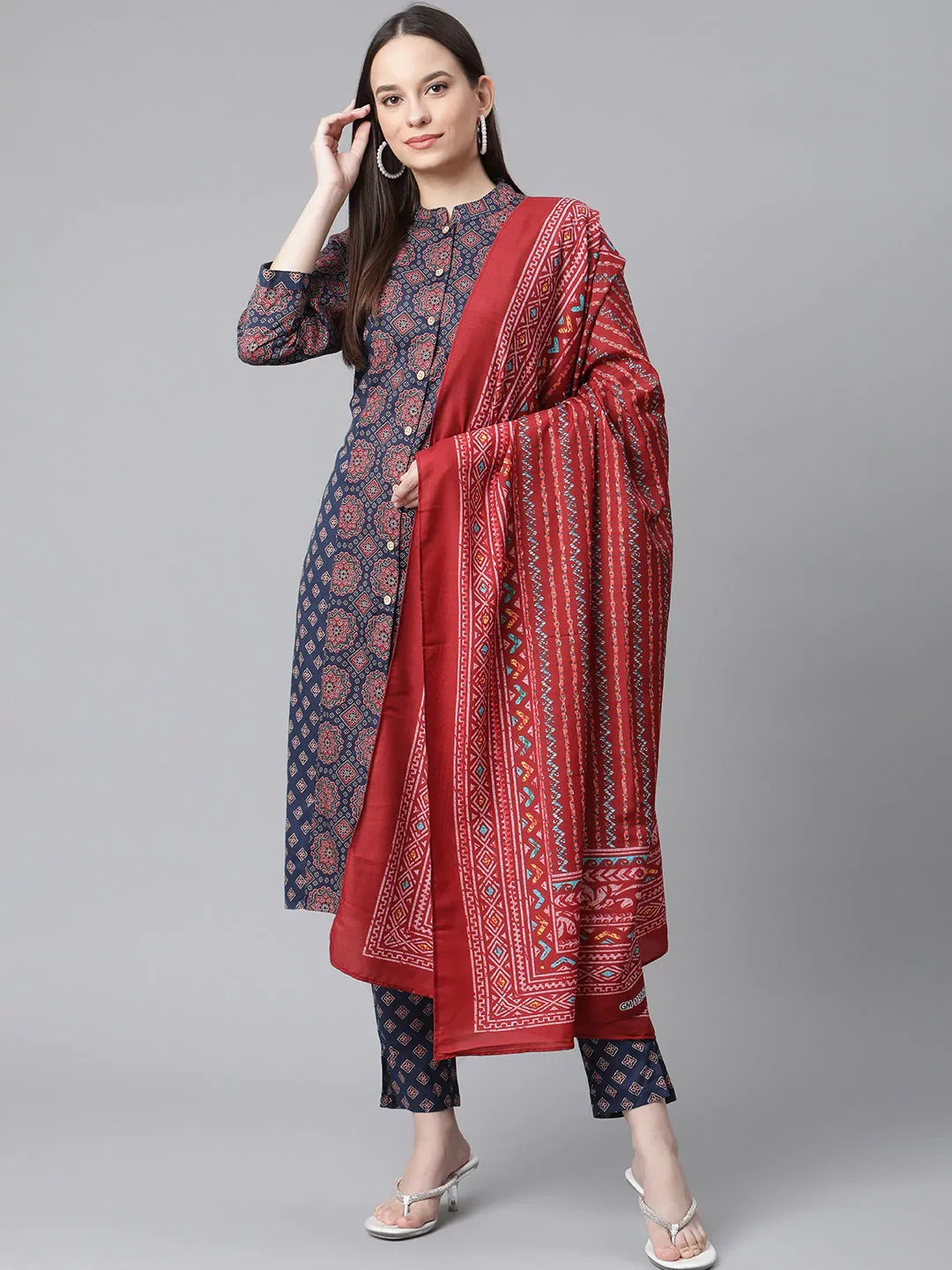 Women Blue & Maroon Printed Regular Pure Cotton Kurta With Trousers & With Dupatta Blue - Rasiya Trousers Designer Luxury