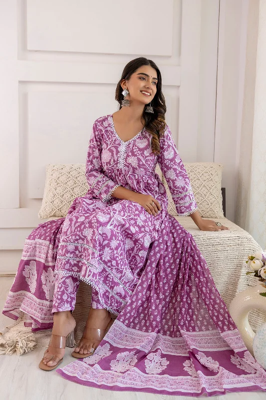 Women Mauve Floral Printed Anarkali Kurta And Trouser With Dupatta - Rasiya Trousers Denim Blue