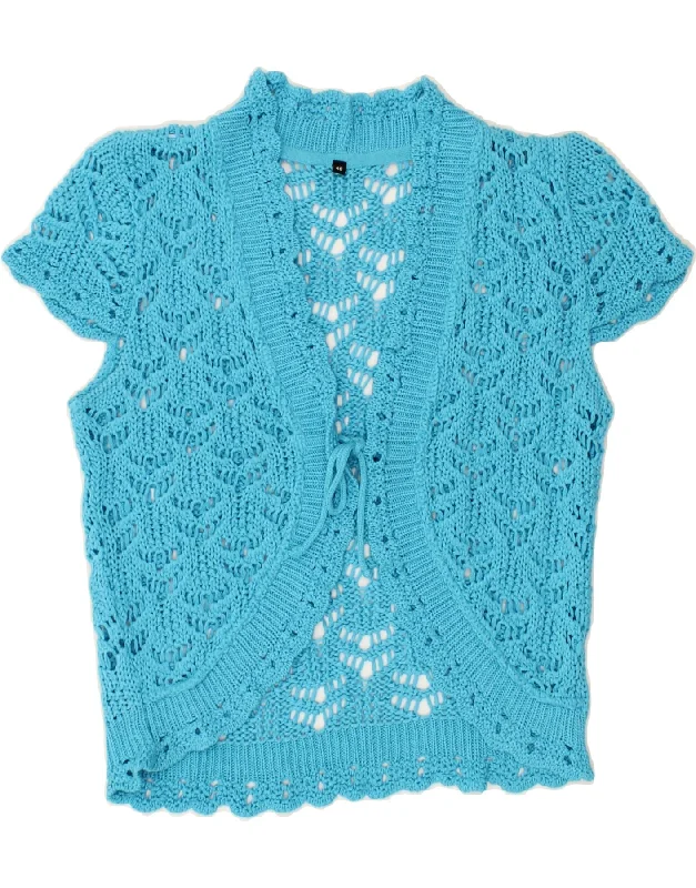 VINTAGE Womens Crop Crochet Cardigan Top IT 40 Small Blue Zippered Front Buttoned Front Snap Front