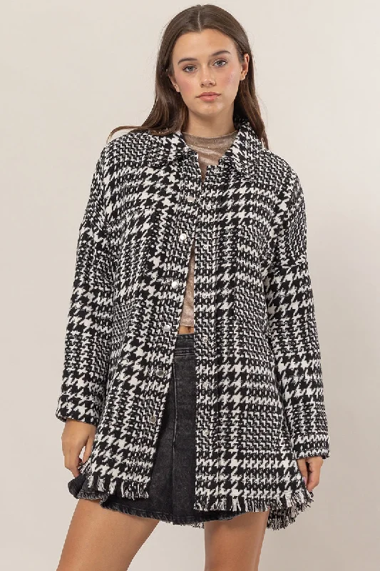 Oversized Houndstooth Jacket Zip Front Button Front Snap Front