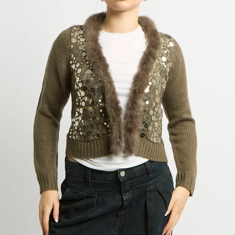 Sequin Detail Fur Trim Knit Cardigan - UK 10 Notch Collar Peter Pan Collar Cowl Neck