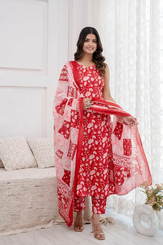 Women Red Printed Kurta With Trouser and Dupatta - Rasiya Trousers Sale Discount