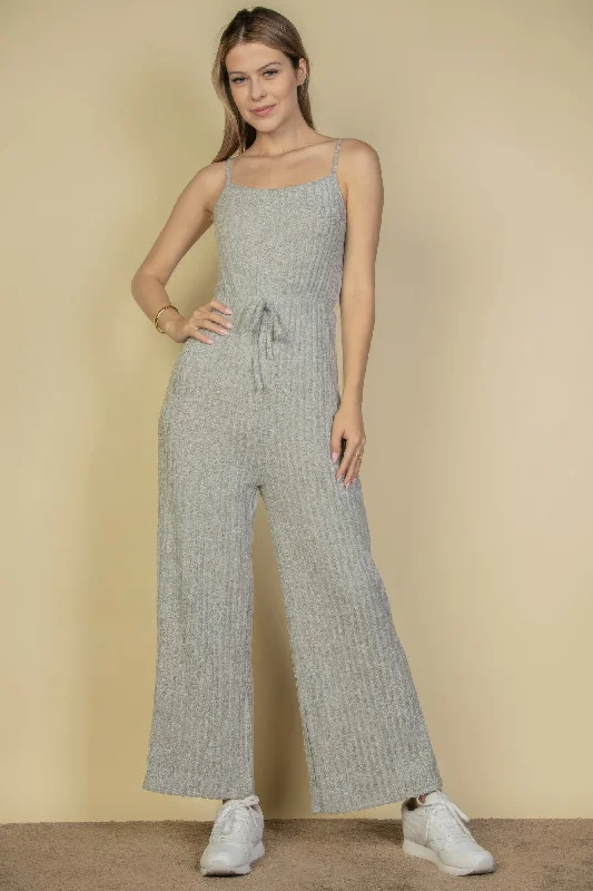 Sweater-knit Fuzzy Frenchy Tie Front Cami Jumpsuit Elegant Classic Vintage