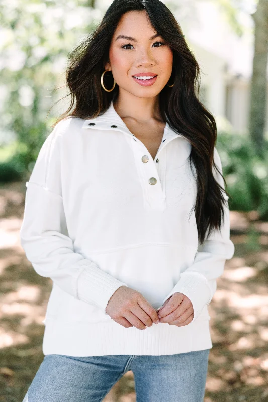 On The Move White Partial Button Down Pullover Ruffled Neck Pullover