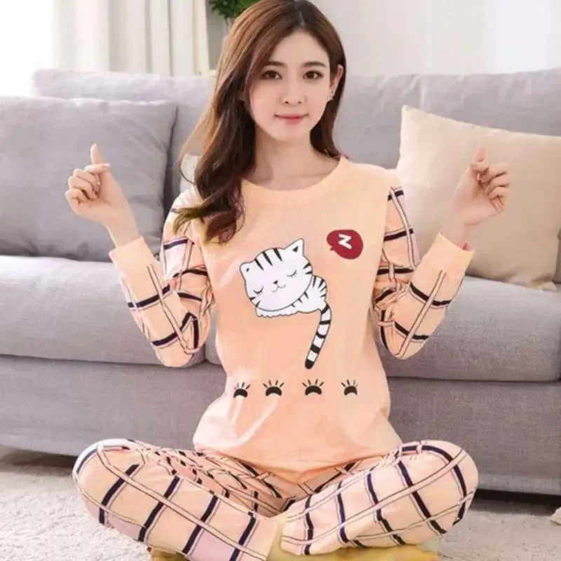 Spring and Autumn Fashion New Pajamas Set Women's Long Sleeve O-Neck Pullover Pants Large Size Home Service Set X3915875 Sabrina Neck Pullover