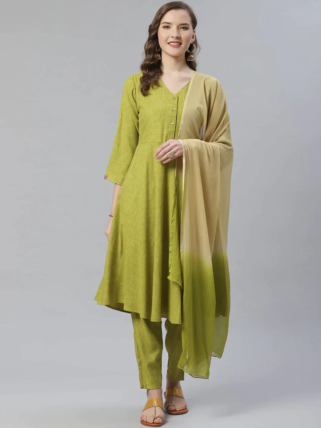 Women Green & Beige Self Design Kurta With Trousers & Dupatta - Rasiya Trousers Evening Elegant