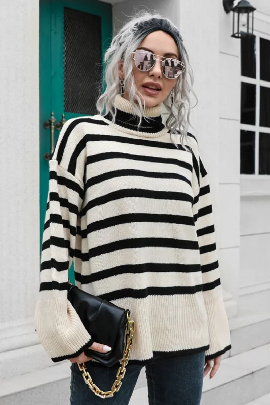 Hazel Blues® |  Striped Turtleneck Drop Shoulder Sweater Modern Contemporary Chic