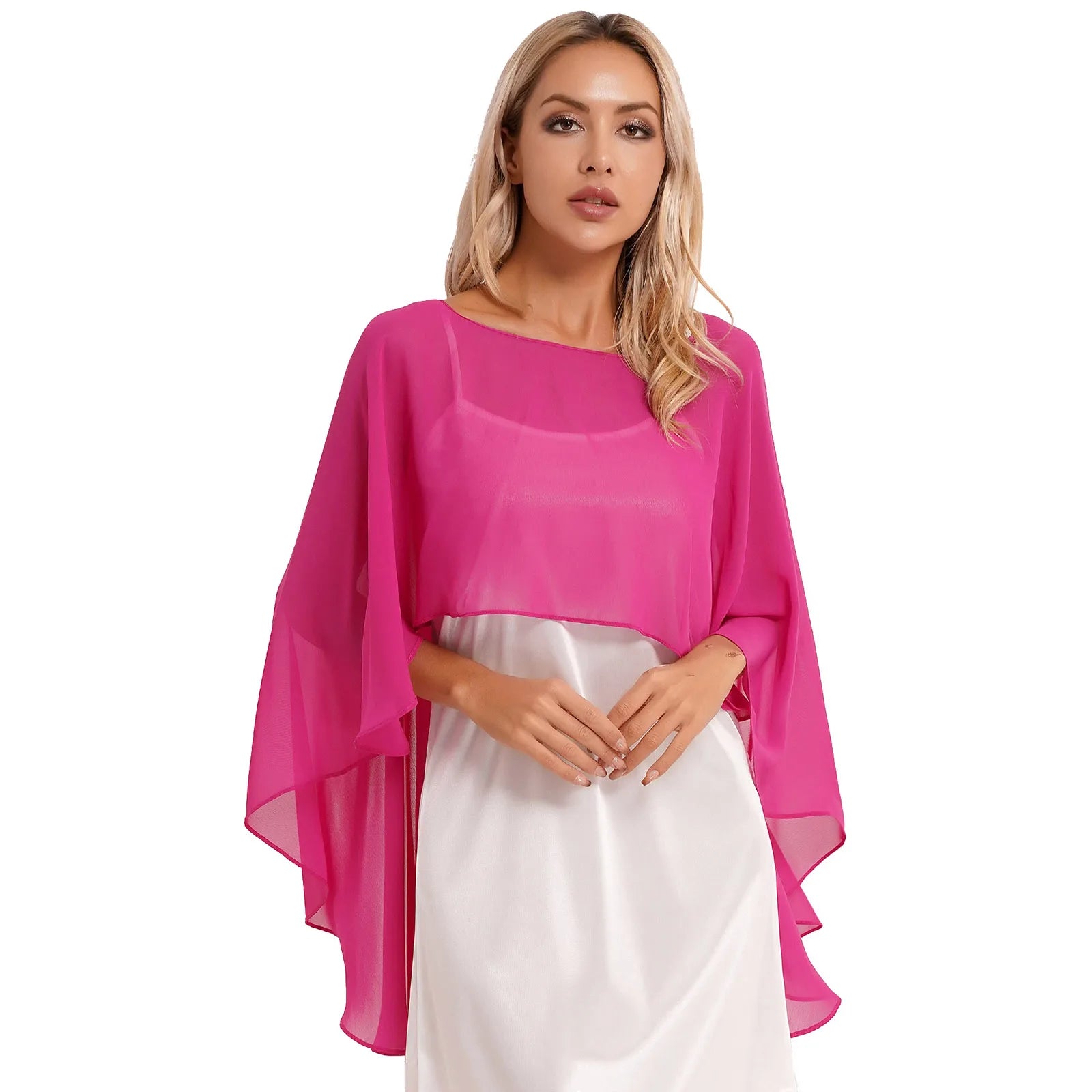 Women Chiffon Solid Pullover Capes Shawl Hi-low Hem Thin Soft Shrug Ponchos for Wedding Bridal Bridesmaid Evening Party Dress Puff Sleeve Stylish